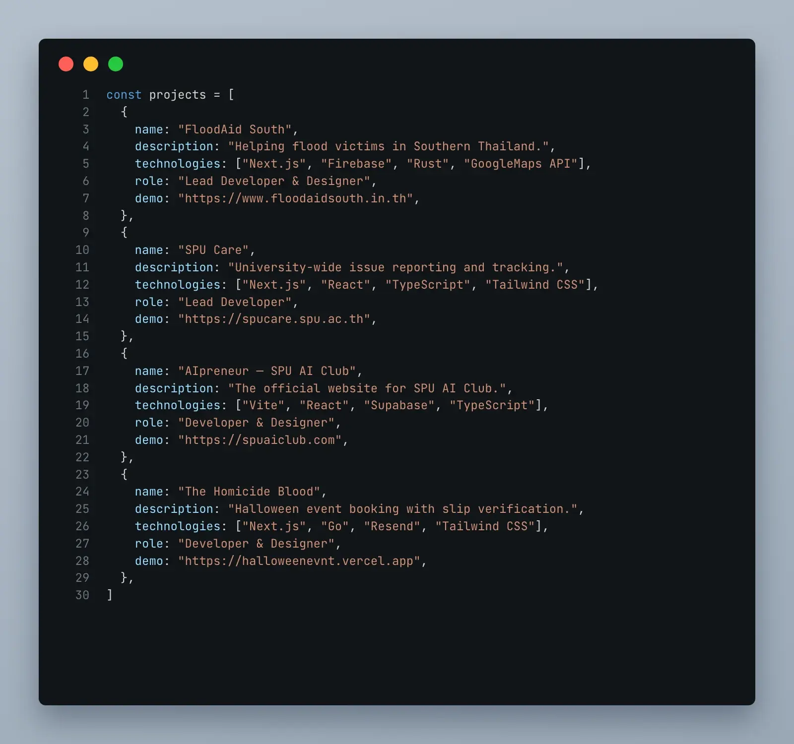 Code snippet listing projects: FloodAid South, SPU Care, AIpreneur (the SPU AI Club website) and The Homicide Blood