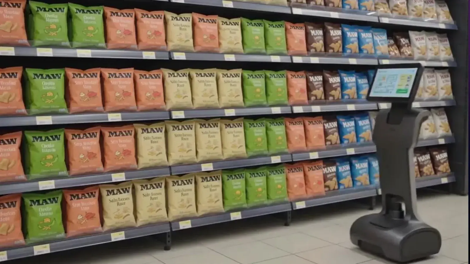 Concept render of the MEETA promotion robot standing beside a supermarket snack shelf